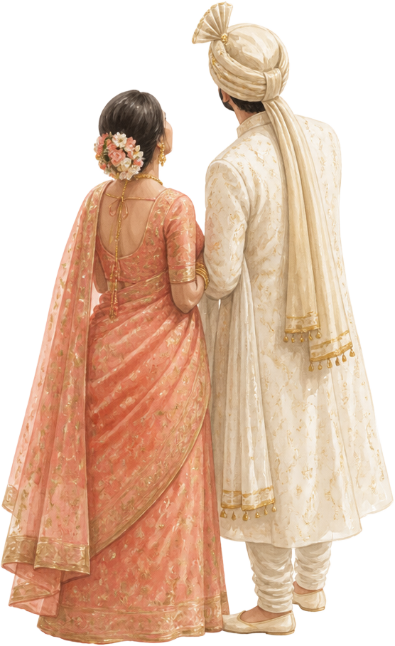 Illustration of the bride and groom looking up at rising lanterns