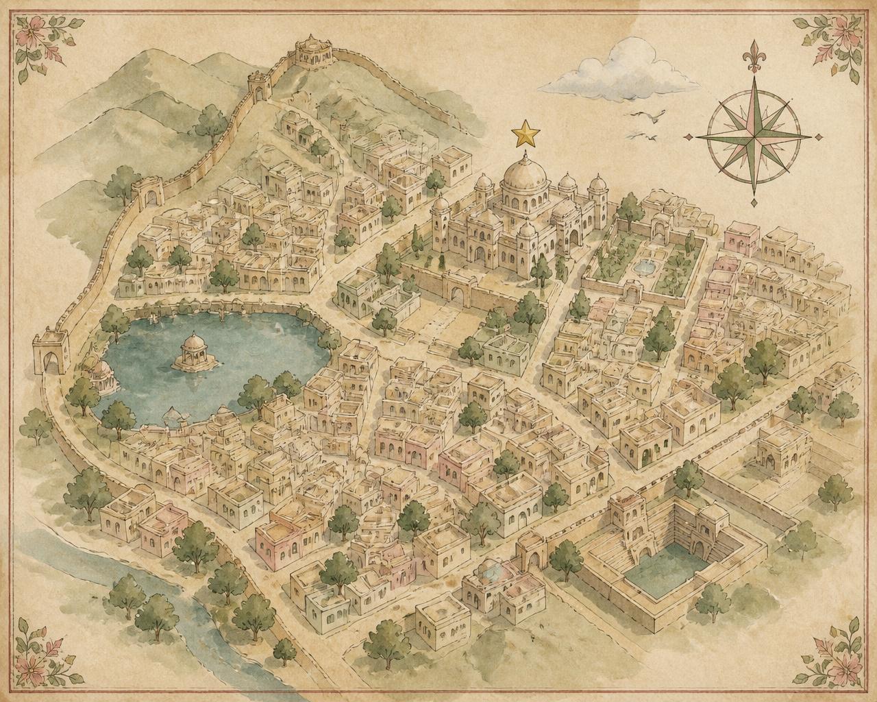 Hand-painted illustrated map of the old city with the palace marked