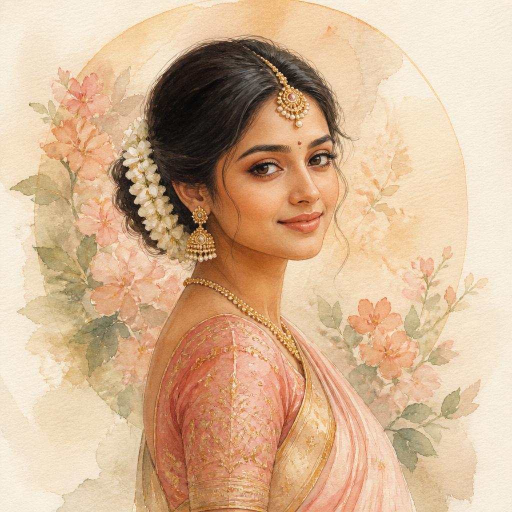 Watercolour portrait of the bride in a blush and gold saree