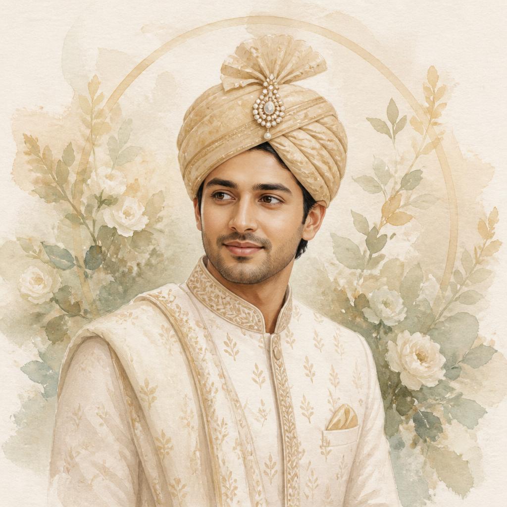 Watercolour portrait of the groom in an ivory sherwani