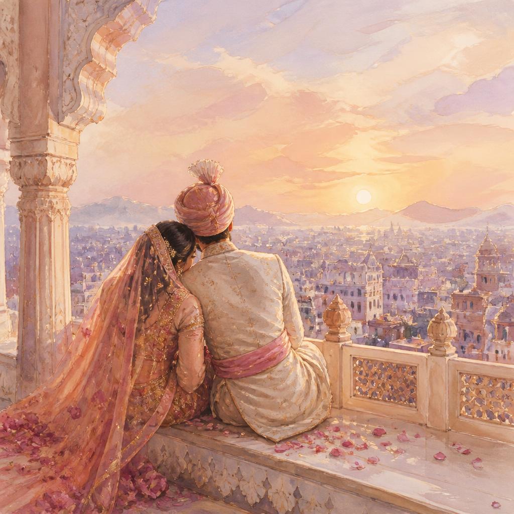 The couple seated on a marble balcony at golden hour