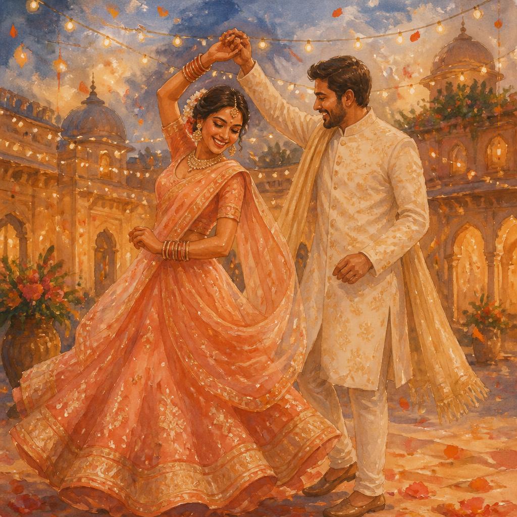 The couple dancing under strings of warm lights
