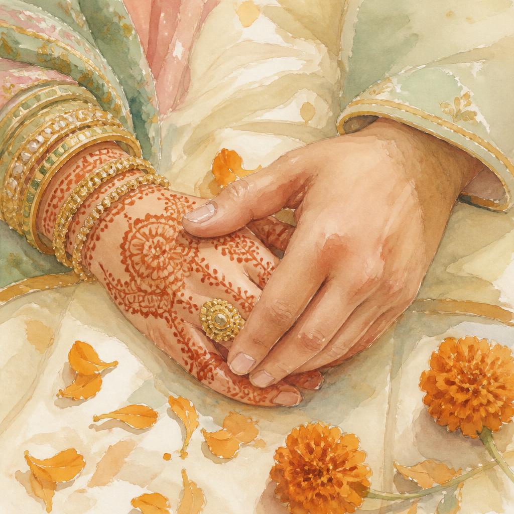 Two joined hands, one painted with henna
