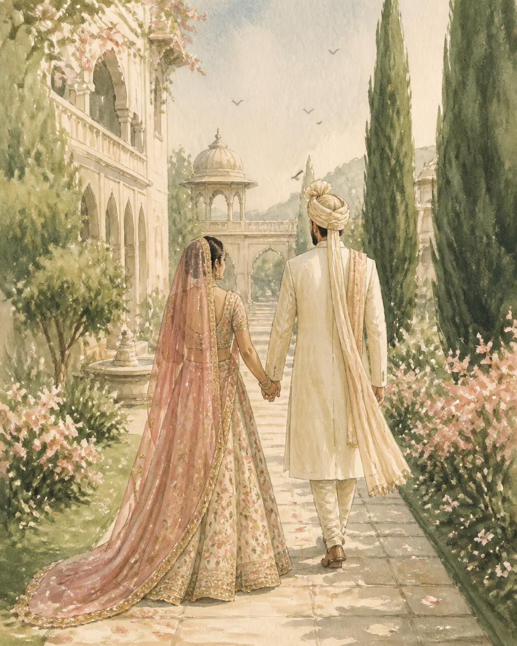 The couple walking hand in hand through a palace garden
